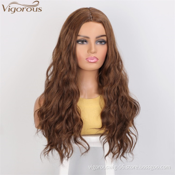 Vigorous Top Quality Dark Brown Mixed Light Auburn Long Wavy Wig Middle Part Synthetic Wigs For Black Women Wholesale Price